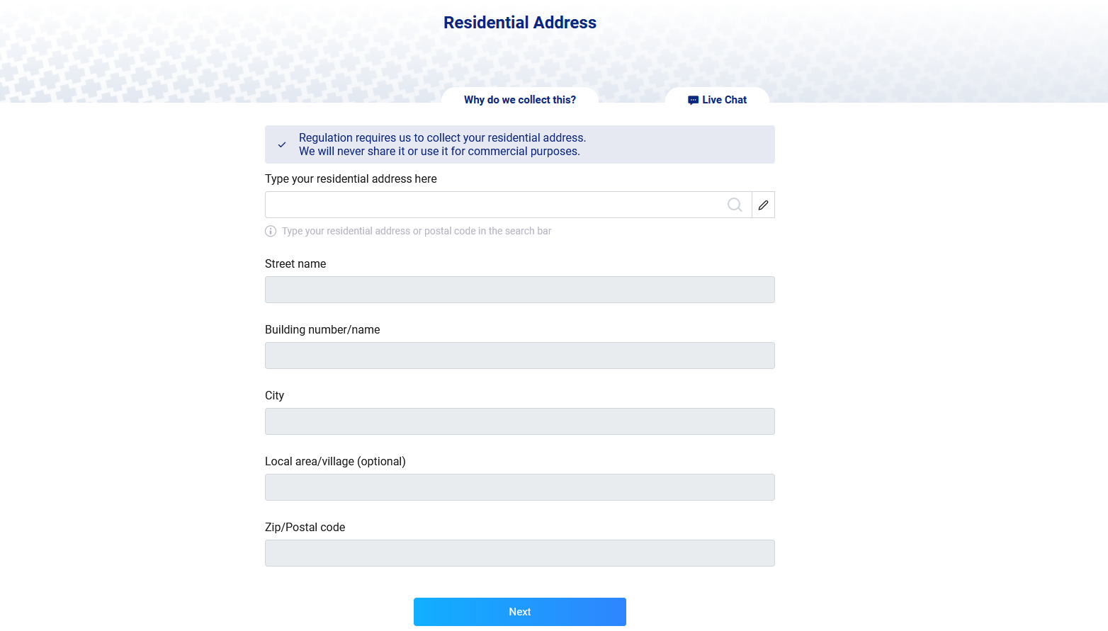 Entering your residential address on Plus500.